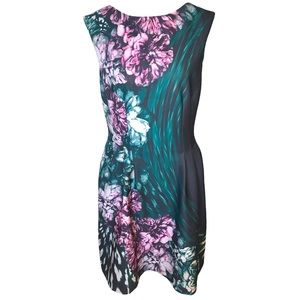 Vince Camuto Size 10 Abstract Floral Fit and Flare Dress Green Purple White